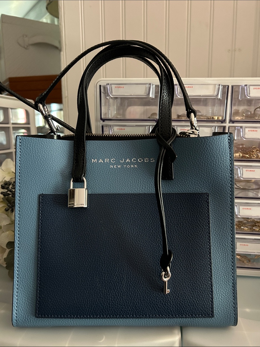 Marc Jacobs Two-Tone Blue Leather Satchel with Black Handles